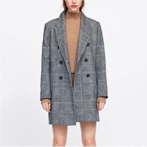 NEW! Zara Boho Blue Grey Checkered Houndstooth Double Breasted Coat. XL.